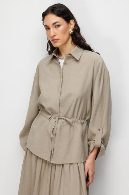 Mizallle Vizon Rengi Beli Büzgülü Viskoz Tunik - Mizalle