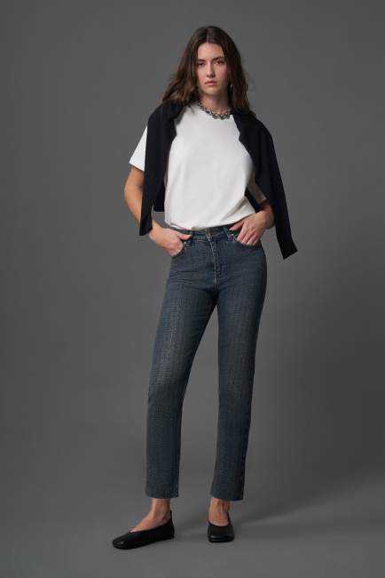 Mizalle Dar Kesim Taş İşli Lacivert Straight Fit Denim Pantolon - Mizalle (1)
