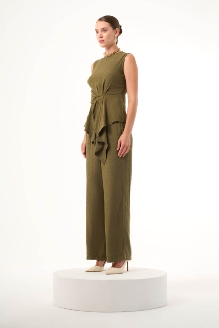 MZL Bağlama Detaylı Haki Kolsuz Asimetrik Bluz - MZL (1)