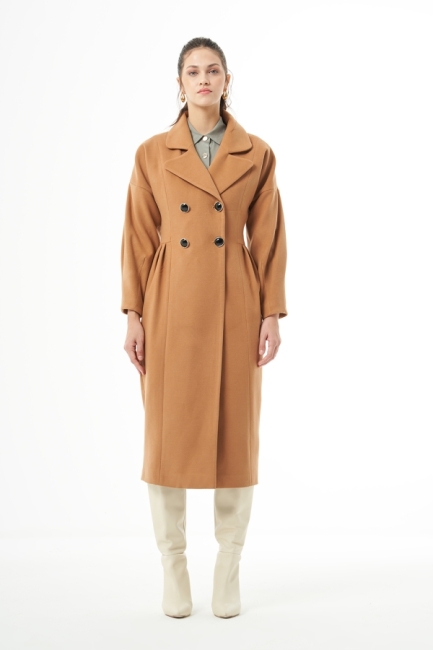 MZL Camel Bel Pilesi Detaylı Uzun Kaşe Kaban - MZL