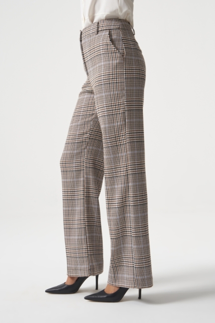 MZL Ekose Bej Desenli Geniş Paça Pantolon - MZL (1)