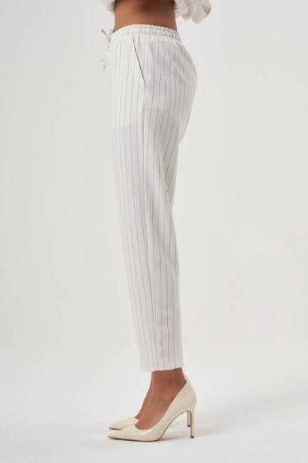 MZL Ekru Çizgili Beli Lastikli Klasik Kumaş Pantolon - MZL (1)