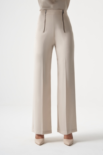 MZL Fermuar Detaylı Premium Kalite Geniş Paça Ekru Klasik Kumaş Pantolon - MZL