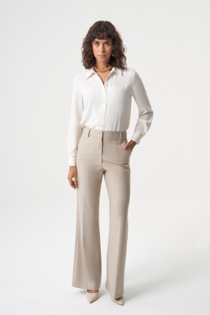 MZL Geniş Boru Paça Bej Balık sırtı Klasik Cepli Kumaş Pantolon - MZL