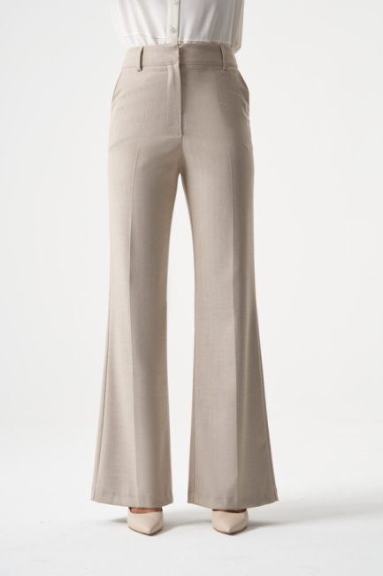 MZL Geniş Boru Paça Bej Balık sırtı Klasik Cepli Kumaş Pantolon - MZL (1)