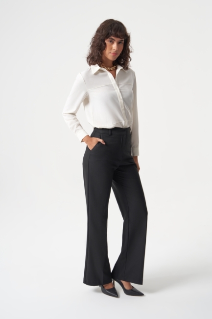 MZL Geniş Boru Paça Siyah Balık sırtı Klasik Cepli Kumaş Pantolon - MZL