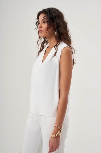 MZL Omzu Büzgülü V Yaka Ekru Kolsuz Bluz - MZL (1)