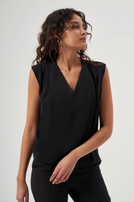 MZL Omzu Büzgülü V Yaka Ekru Kolsuz Bluz - MZL