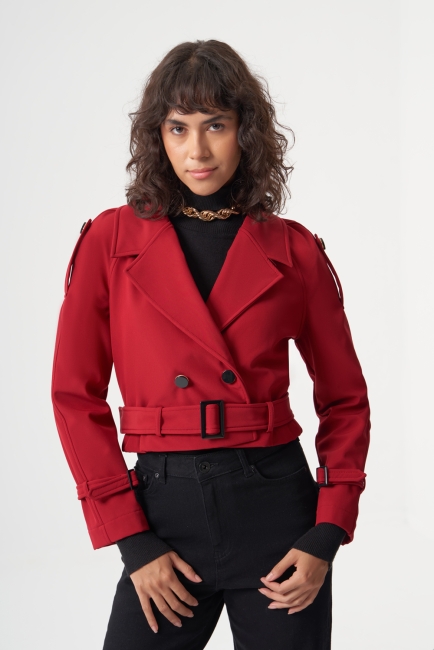 MZL Premium Kaşe Kemerli Kırmızı Kısa Mont - MZL