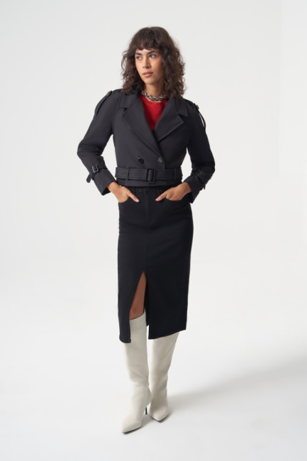 MZL Premium Kaşe Kemerli Siyah Kısa Mont - MZL (1)