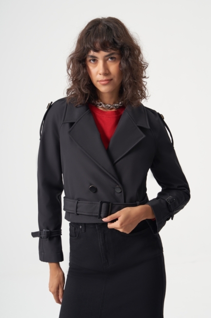 MZL Premium Kaşe Kemerli Siyah Kısa Mont - MZL