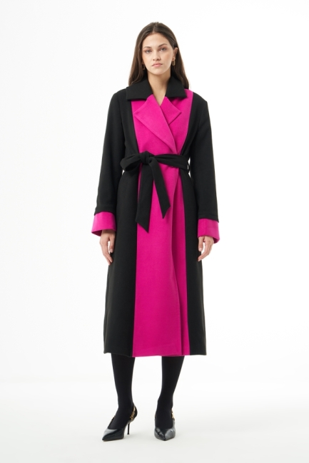 MZL Siyah Fuşya Renk Bloklu Erkek Yaka Uzun Kaşe Kaban - MZL