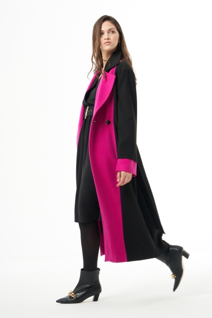 MZL Siyah Fuşya Renk Bloklu Erkek Yaka Uzun Kaşe Kaban - MZL (1)