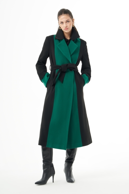 MZL Siyah Yeşil Renk Bloklu Erkek Yaka Uzun Kaşe Kaban - MZL (1)