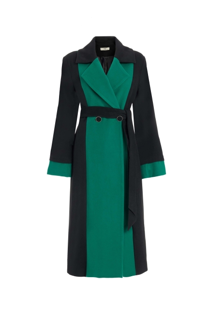 MZL Siyah Yeşil Renk Bloklu Erkek Yaka Uzun Kaşe Kaban - MZL