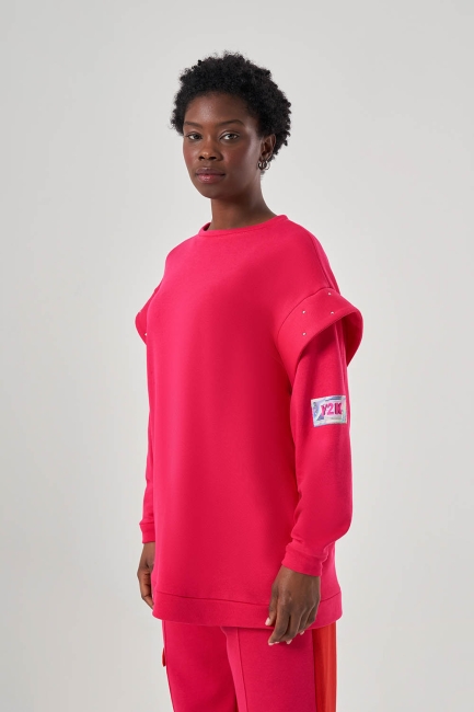 Mizalle Kolları Taş İşli Fuşya Sweatshirt - Mizalle