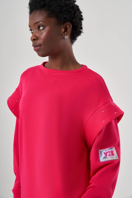 Mizalle Kolları Taş İşli Fuşya Sweatshirt - Mizalle (1)