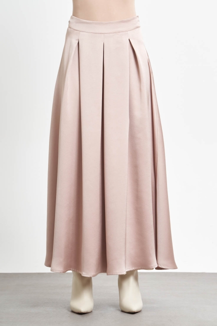 Mizalle Kalın Pileli Pudra Pembe Maksi Saten Etek - Mizalle