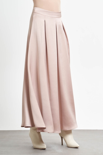Mizalle Kalın Pileli Pudra Pembe Maksi Saten Etek - Mizalle (1)