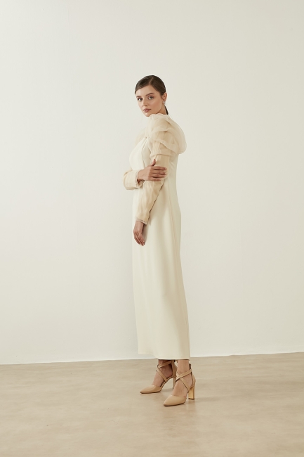 Organze Fırfırlı Ekru Elbise - Mizalle (1)