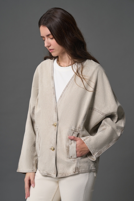 Mizalle Bej Rengi Oversize Yakasız Denim Ceket - Mizalle