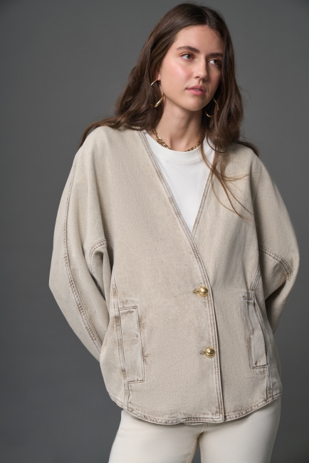 Mizalle Bej Rengi Oversize Yakasız Denim Ceket - Mizalle (1)