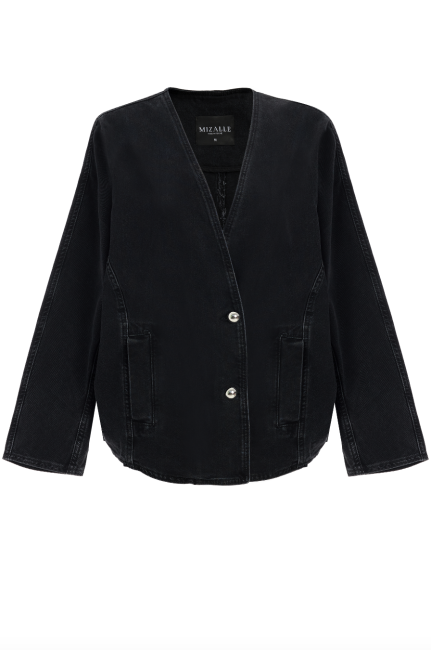 Mizalle Antrasit Oversize Yakasız Denim Ceket - Mizalle (1)