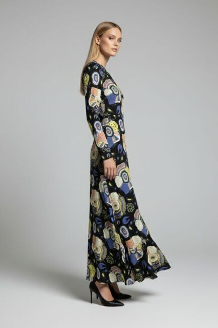 Mizalle Mavi Desenli Kat Volanlı Etek Detaylı Uzun Elbise - Mizalle (1)