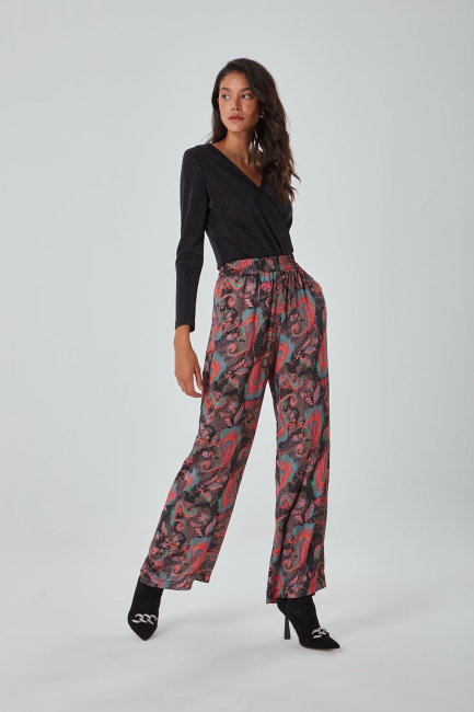 Mizalle Şal Desenli Çok Renkli Geniş Paça Pantolon - Mizalle (1)