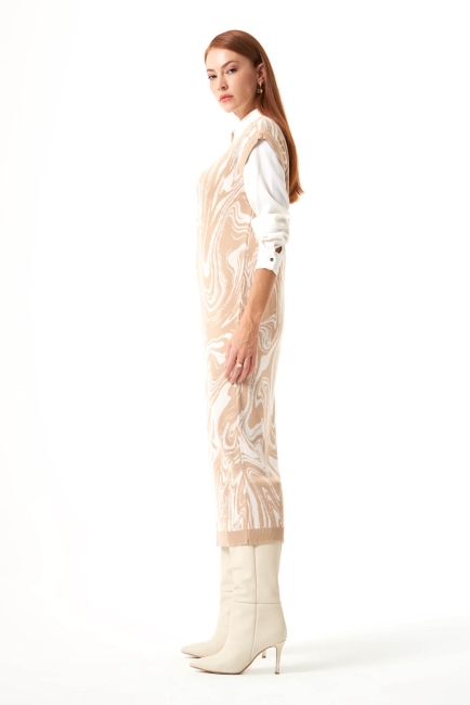 Mizalle Bej Rengi Mermer Desenli Uzun Triko Elbise - Mizalle (1)