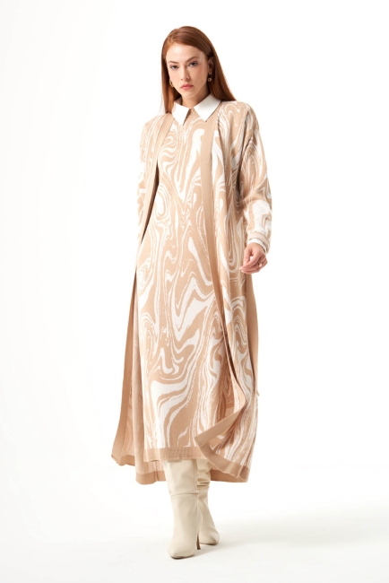 Mizalle Mermer Desenli Bej Rengi Uzun Triko Hırka - Mizalle