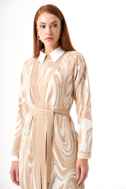 Mizalle Mermer Desenli Bej Rengi Uzun Triko Hırka - Mizalle (1)