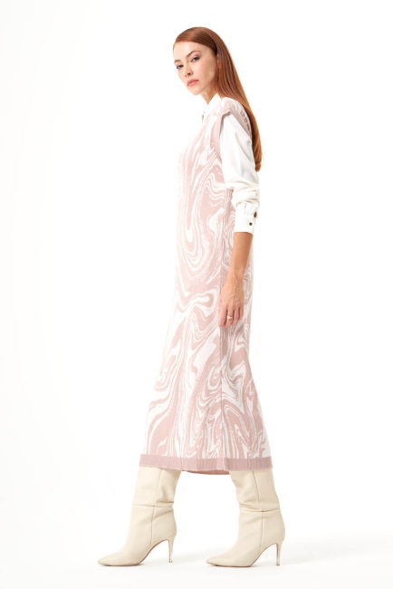 Mizalle Pudra Pembe Mermer Desenli Uzun Triko Elbise - Mizalle (1)