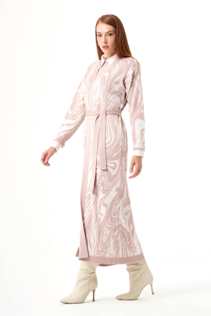 Mizalle Mermer Desenli Pudra Pembe Uzun Triko Hırka - Mizalle