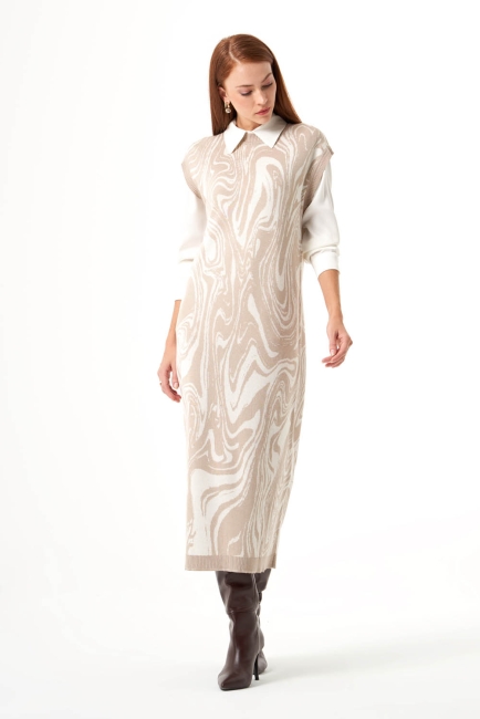 Mizalle Taş Rengi Mermer Desenli Uzun Triko Elbise - Mizalle (1)