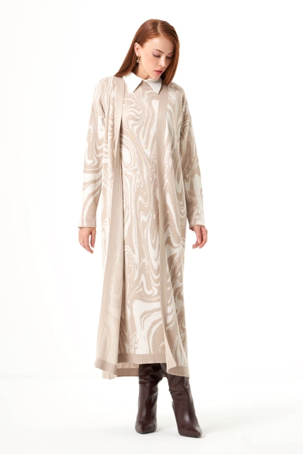 Mizalle Mermer Desenli Taş Rengi Uzun Triko Hırka - Mizalle