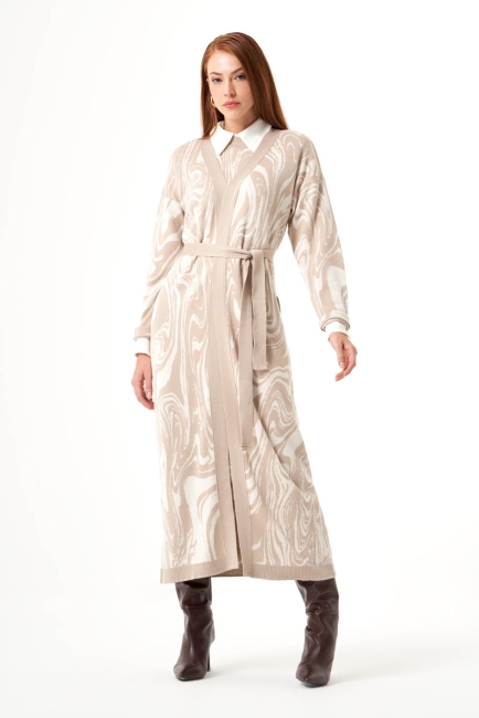 Mizalle Mermer Desenli Taş Rengi Uzun Triko Hırka - Mizalle (1)