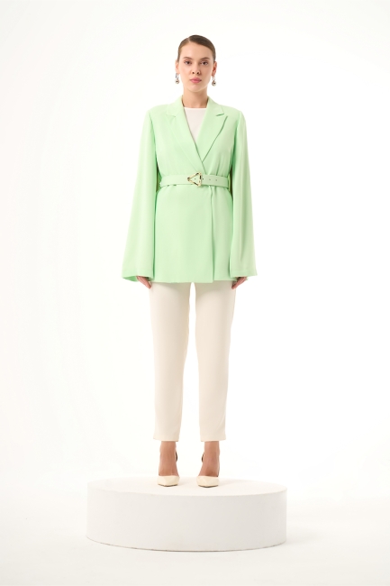 Mizalle Kemer Detaylı İnce Krep Açık Yeşil Pelerin Ceket - Mizalle (1)