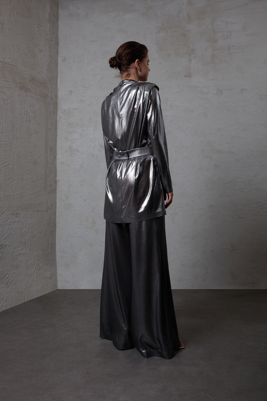 Mizalle Omuz Drape Detaylı Parlak Gümüş Rengi Abiye Tunik · 3