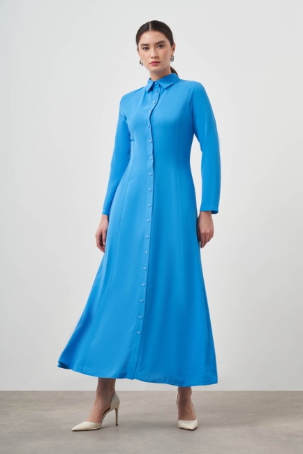 Mizalle Mavi Evaze Etekli Gömlek Elbise - Mizalle (1)