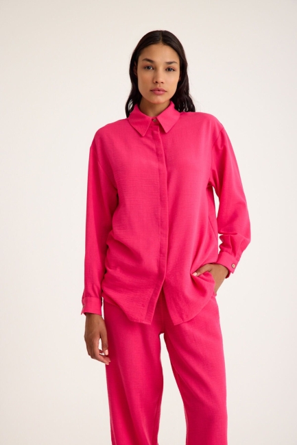 Mizalle Keten Görünümlü Rahat Kesim Fuşya Jogger Pantolon - Mizalle (1)