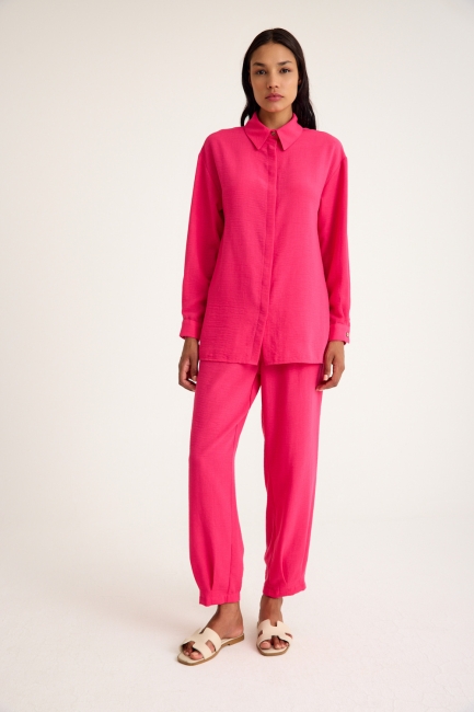 Mizalle Keten Görünümlü Rahat Kesim Fuşya Jogger Pantolon - Mizalle