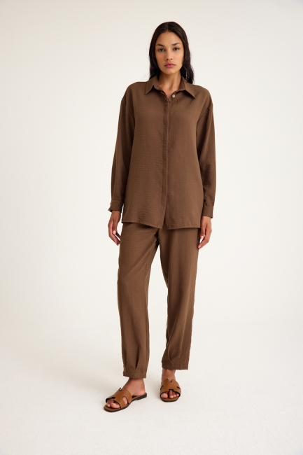 Mizalle Keten Görünümlü Rahat Kesim Kahverengi Jogger Pantolon - Mizalle (1)