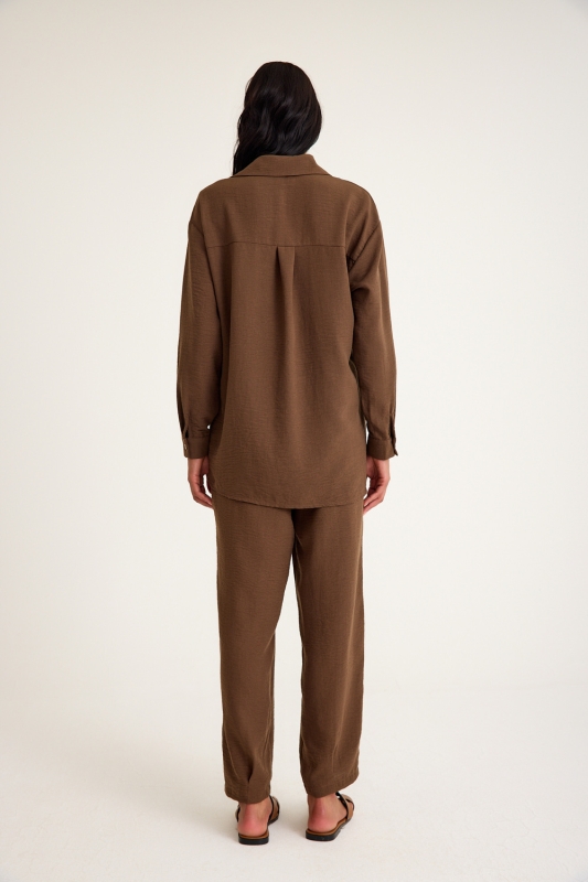 Mizalle Keten Görünümlü Rahat Kesim Kahverengi Jogger Pantolon · 3