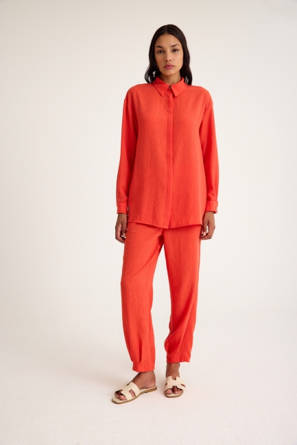 Mizalle Keten Görünümlü Rahat Kesim Nar Çiçeği Jogger Pantolon - Mizalle (1)