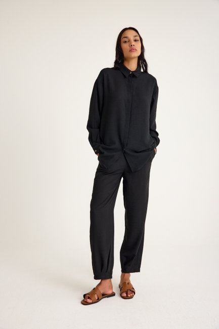 Mizalle Keten Görünümlü Rahat Kesim Siyah Jogger Pantolon - Mizalle (1)