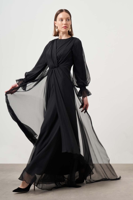 Pileli Abiye Siyah Elbise - Mizalle (1)