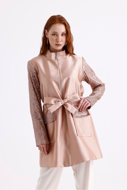 Mizalle Payet Detaylı Pudra Pembe Kuşaklı Şık Saten Ceket - Mizalle (1)