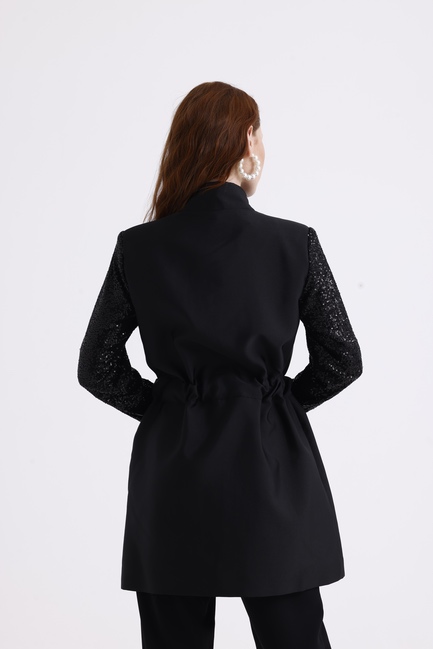 Mizalle Payet Detaylı Siyah Kuşaklı Şık Saten Ceket - Mizalle (1)