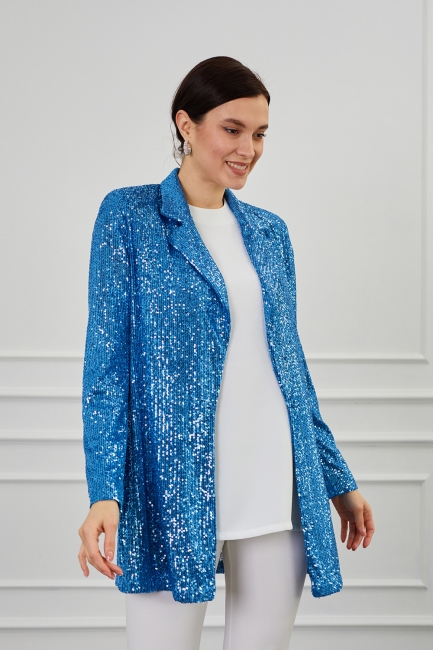 Mizalle Full Payet İşli Düğmesiz Mavi Pembe Abiye Ceket - Mizalle